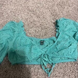Aqua Eyelet Crop Top Green Long Sleeve Cropped Top